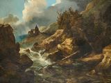 tableau représentant une rivière rocailleuse avec un château au loin