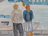 two people that are standing on a dock by the water