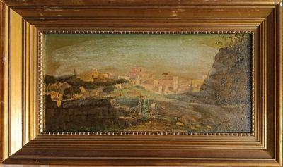 l'image d'un tableau représentant un paysage avec un château au loin
