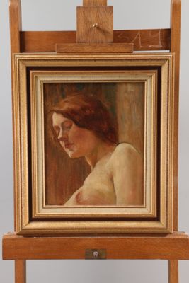 an oil painting of a woman in a white dress sitting on a easel