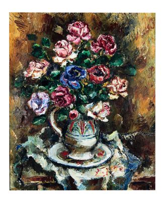 tableau représentant des fleurs dans un vase posé sur une table recouverte d'une nappe