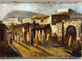 an old painting of a street scene with people walking down the street