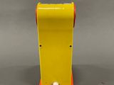 an orange and yellow table lamp with a cord attached to it