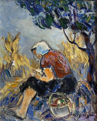 une peinture à l'huile représentant une femme assise sous un arbre dans un champ