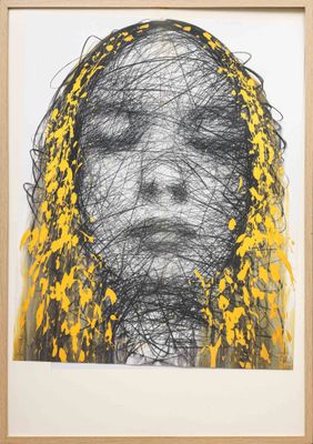 an image of a black and yellow drawing of a woman ' s face