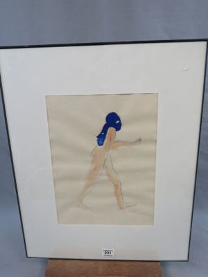tableau représentant une femme coiffée d'un chapeau bleu marchant sur une estrade en bois