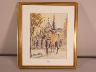 framed watercolor painting of a street scene with a bench in the foreground