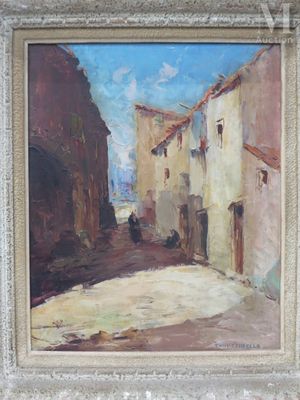 une peinture à l'huile représentant une scène de rue avec une personne marchant dans la rue