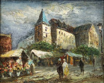 tableau représentant une scène de rue avec des passants et un bâtiment en arrière-plan