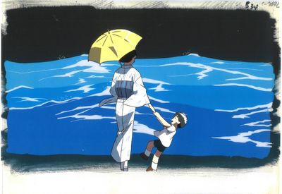 painting of a woman and child walking on the beach under an umbrella
