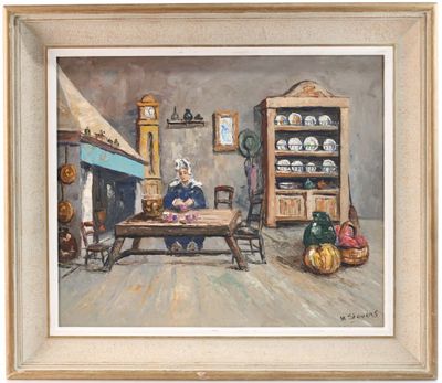 une peinture à l'huile représentant une femme assise à une table dans une cuisine