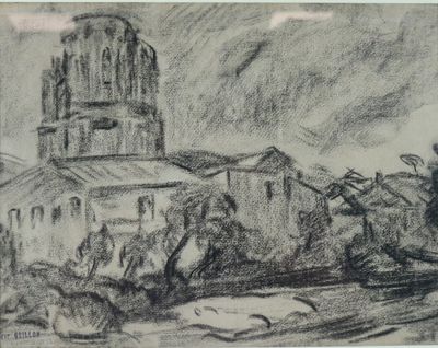 dessin représentant une église avec un clocher en arrière-plan