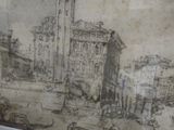 a drawing of a city with a clock tower in the background
