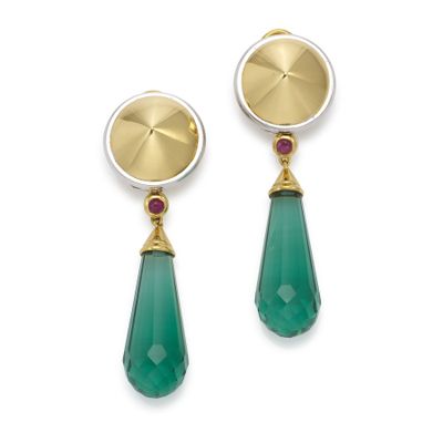 a pair of emerald and gold earrings