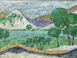 une peinture représentant une montagne avec des arbres au premier plan