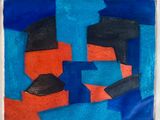 peinture représentant une œuvre abstraite bleue et rouge sur un mur blanc
