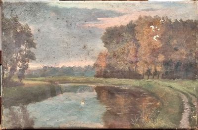 painting of a landscape with a river and trees in the foreground
