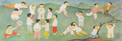 a painting of a group of people in a field