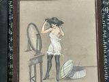 two framed pictures of a woman in a dress and a mirror
