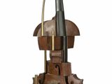une sculpture représentant un violon posé sur un chevalet, sur fond blanc