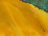 painting of a yellow field with green grass and trees in the background