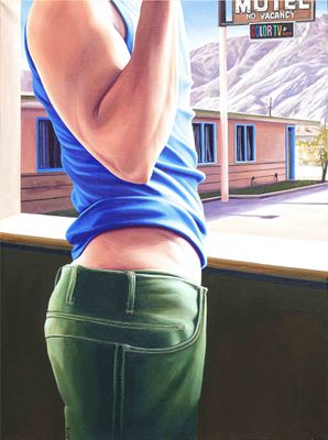 a painting of a woman smoking a cigarette in front of a motel