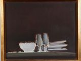 an oil painting of two cups and a bowl on a table