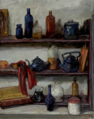 une peinture représentant une étagère remplie de bouteilles et d'autres objets
