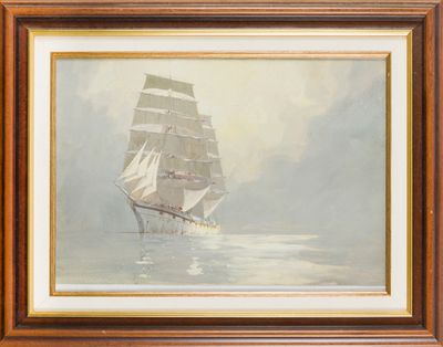 une peinture à l'huile représentant un voilier naviguant sur l'océan