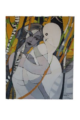 une peinture représentant une femme tenant un bébé dans ses bras