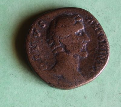 a close up of a coin on a green surface