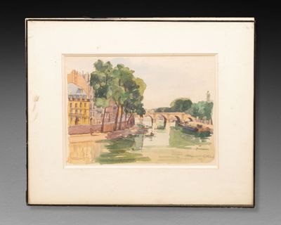 painting of a view of a river with a bridge in the background