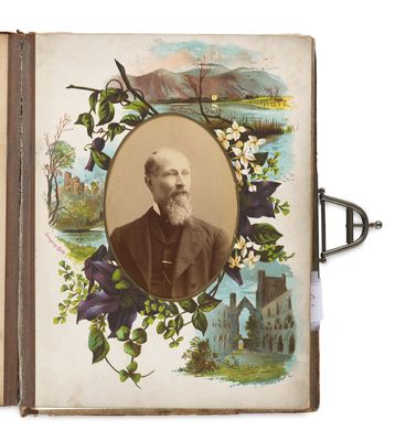 an old book with a picture of a man with a beard