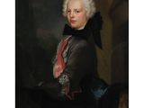 a painting of a man with white hair wearing a black coat and red tie