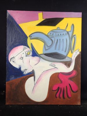 a painting of a woman with a teapot on a table