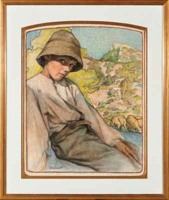 une image représentant un tableau où l'on voit une femme coiffée d'un chapeau, assise par terre
