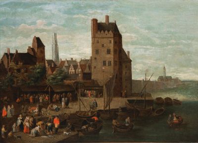 tableau représentant une scène portuaire avec un château en arrière-plan