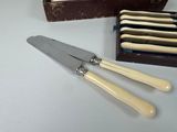two knives and a box of knives on a table