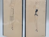 two drawings of a woman in lingersuits and a man in a suit