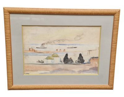 a painting of two people sitting on a beach with a boat in the background