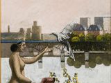 a painting of two people sitting on a fence