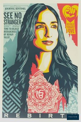 une affiche représentant une femme aux cheveux longs avec une fleur sur la poitrine