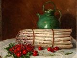 tableau représentant des asperges et des cerises sur une table, avec une théière