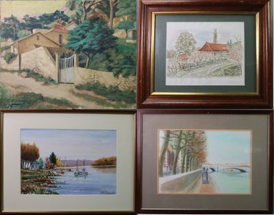 quatre tableaux encadrés représentant une maison, une rivière et un pont