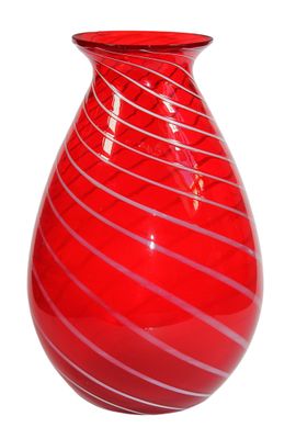 a red vase that is sitting on a white surface