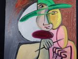 tableau représentant une femme coiffée d'un chapeau vert et un homme en chemise rose