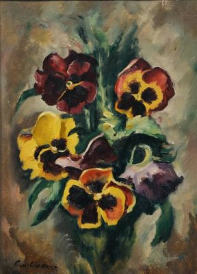 une peinture à l'huile représentant un vase de fleurs sur une table