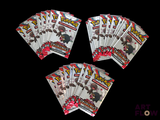 six packs of pokemon trading cards are shown on a black background