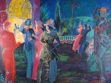 peinture d'un groupe de personnes devant un bâtiment