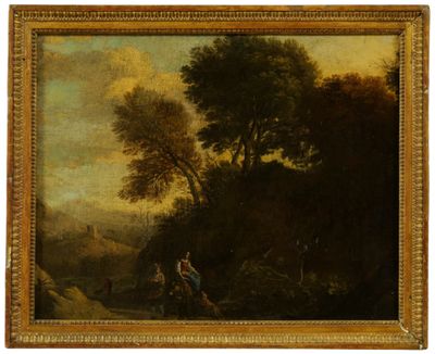 un tableau représentant un paysage avec un homme et une femme au premier plan